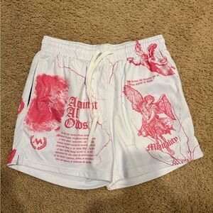 Mentality Men's White and Red Graphic Athletic Shorts